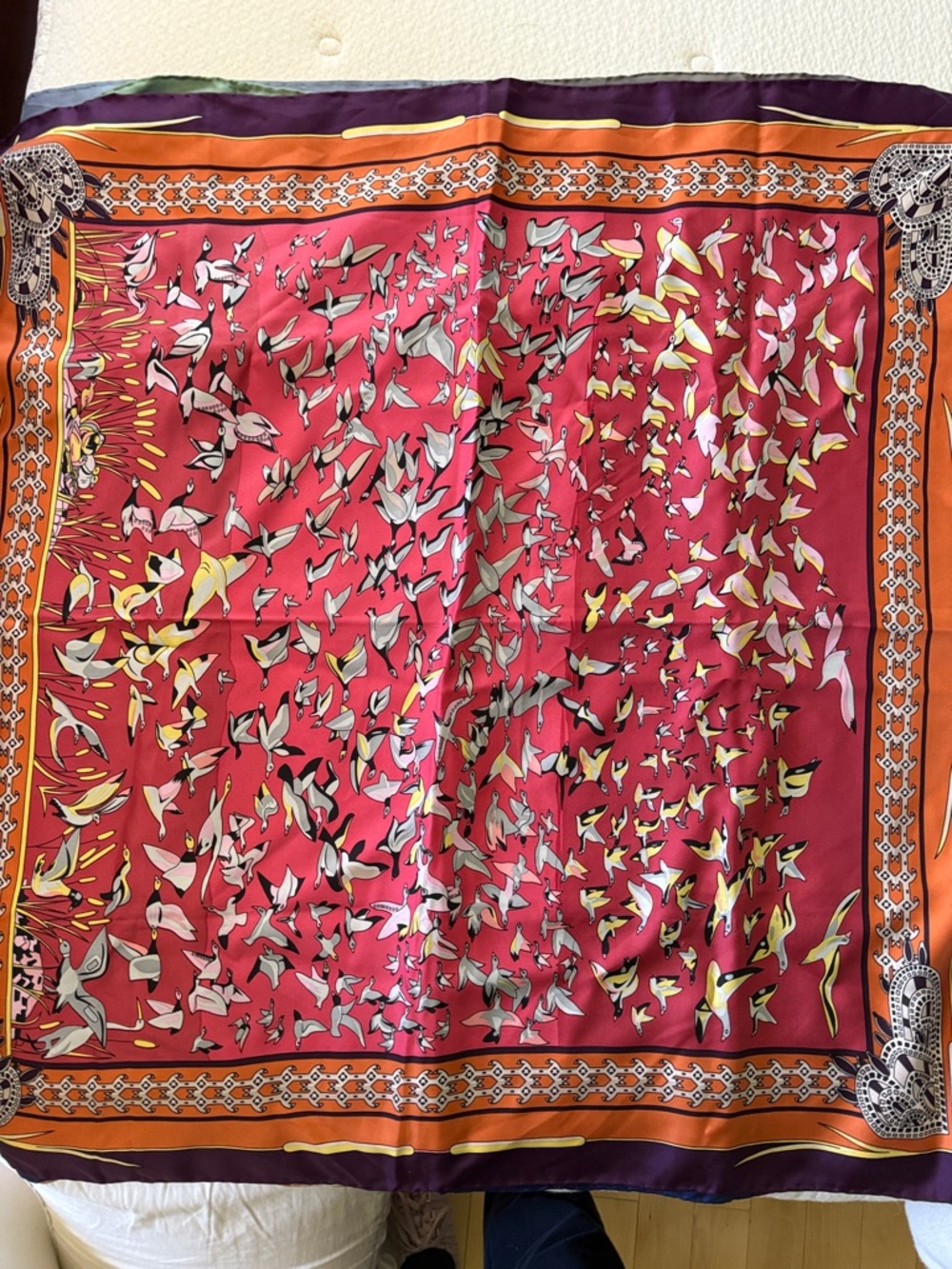 Source Unknown Red, Orange and Purple Birds Print Silk Scarf